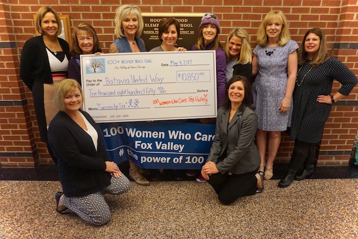 <p>Members of the 100 Women Who Care Fox Valley organization with BPS101 Superintendent Dr. Lisa Hichens (far left); Melinda Kintz, Executive Director of the Batavia United Way (second from right); and HWS Principal Gina Greenwald (far right).</p>
